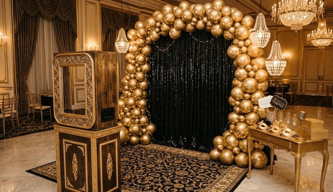 Champagne gold balloon arch with photo booth setup in a chandelier ballroom